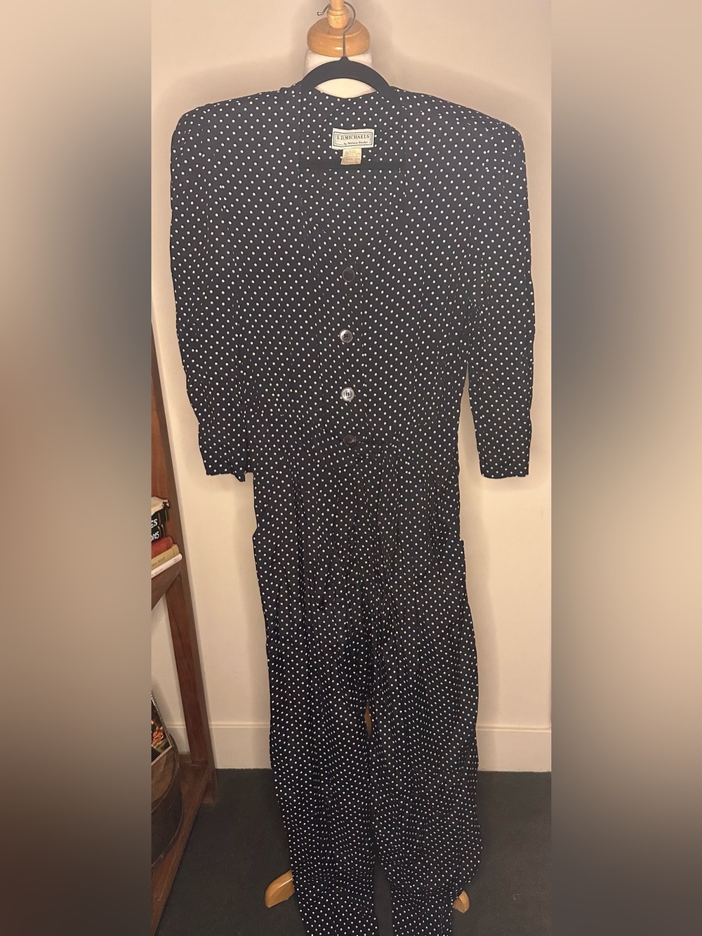 Vintage E.D. Michaels Navy and White Polka Dot Jumpsuit Size 9/10
